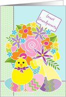 Great Grandparents Happy Easter Cute Yellow Chick Flowers and Eggs card