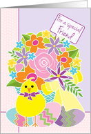 For Friend Happy Easter Cute Yellow Chick Flowers and Eggs card