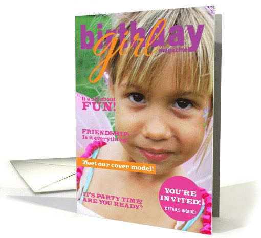 Girls Birthday Party Photo Invitations Glossy Magazine Cover Look card