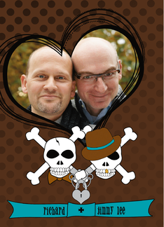 Gay Men Wedding Announcement Photo Card Skull Crossbones Brown Teal