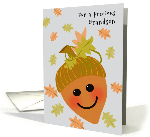 Grandson First Thanksgiving Cute Acorn and Falling Oak Leaves card