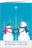 Stepdaughter and Son-in-law Christmas Snowman Couple with Twig Heart card