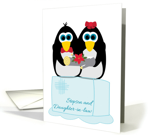 Stepson and Daughter-in-law Christmas Cute Penguins on Ice Block card