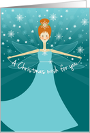 Cute Christmas Wish Fairy with Red Hair on Aqua and Blue card