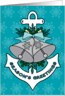 Christmas Season’s Greetings Anchor Silver Bells Mistletoe on Blue card