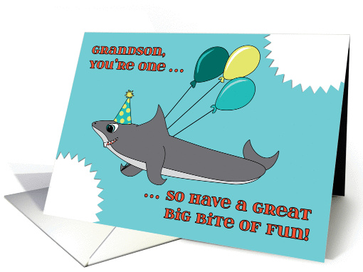 Grandson First Birthday Cute Fun Shark and Balloons Bite Look card