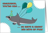 Grandson First Birthday Cute Fun Shark and Balloons Bite Look card
