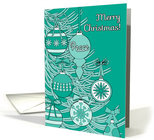 Merry Christmas Retro Ornaments in Green Tied with Bows on Tree card