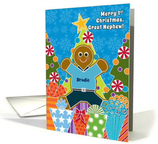 Great Nephew First Christmas Add Name Cute Gingerbread Baby Boy card