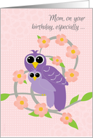 Happy Birthday Mom Purple Momma Owl and Baby in Pink Blossom Tree card