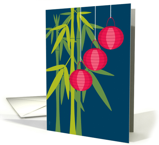 Chinese New Year Three Red Lanterns and Bamboo on Blue card (1457750)