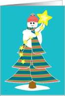 Christmas Small Snowman with Long Scarves in Holiday Tree with Stars card