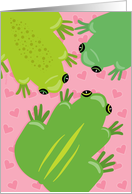 Cute Frog Valentine Three Green Frogs on Pink Heart Background card