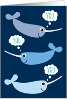 Fun Thinking of You Narwhals with Thought Bubbles Swimming in Ocean card