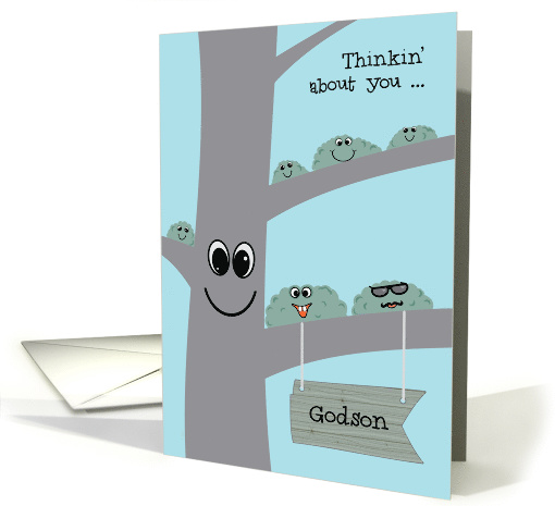Godson Away at Camp Cute Tree and Lichen Miss You Camper card