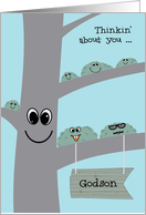 Godson Away at Camp Cute Tree and Lichen Miss You Camper card