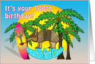100 Happy Birthday Funny Armadillo Surfing Beach and Palm Trees card