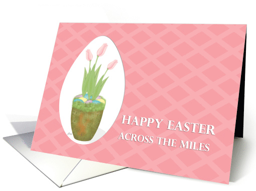 Easter Across the Miles Tulip Planter and Decorated Eggs on Pink card