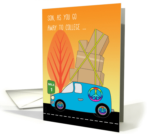 Son Away to College in a Blue Van Lots of Boxes in Autumn Colors card
