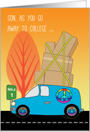 Son Away to College in a Blue Van Lots of Boxes in Autumn Colors card