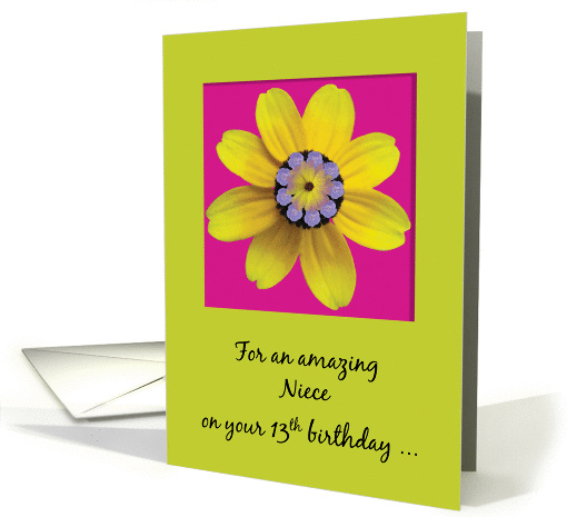 Niece Happy 13 Birthday Bold Yellow Flower on Pink and Green card