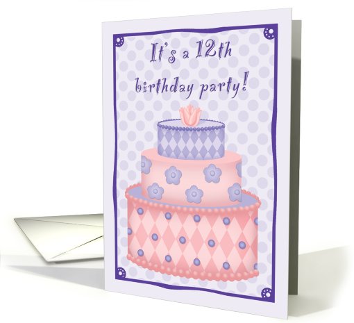 Birthday Party 12 Invitations Cake Pink and Purple card (533284)