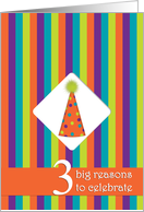 Birthday Party 3 Invtiation Hat & Stripes card