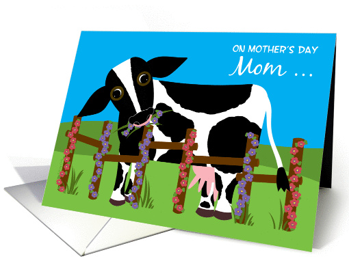 Mother's Day Mom Funny Holstein Cow Eating Flowers in Field card