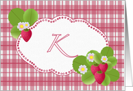 Monogram K Strawberry Plaid Note Card