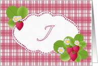 Monogram J Strawberry Plaid Note Card