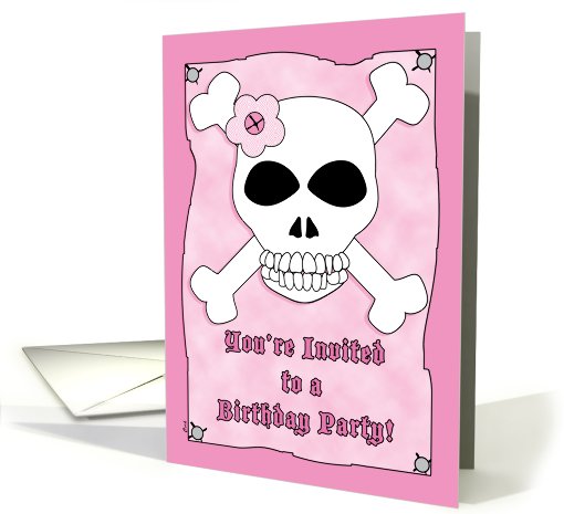 Birthday Party Invitation Pirate Skull Crossbones Pink card (609253)