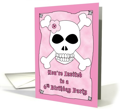 Birthday Party 6 Invitation Pirate Skull Crossbones Pink card (609258)