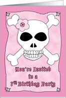 Birthday Party 7 Invitation Pirate Skull Crossbones Pink card