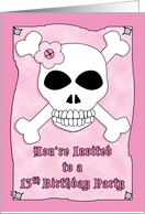 Birthday Party 13 Invitation Pirate Skull Crossbones Pink card