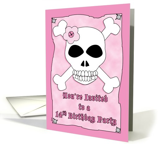 Birthday Party 14 Invitation Pirate Skull Crossbones Pink card