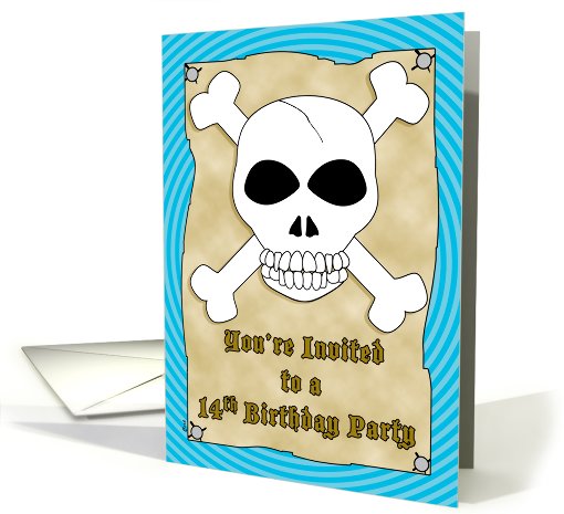 Birthday Party 14 Invitations Pirate Skull Crossbones Blue card