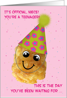 Niece 13 Happy Birthday Funny Tater Tot on Pink with Confetti card