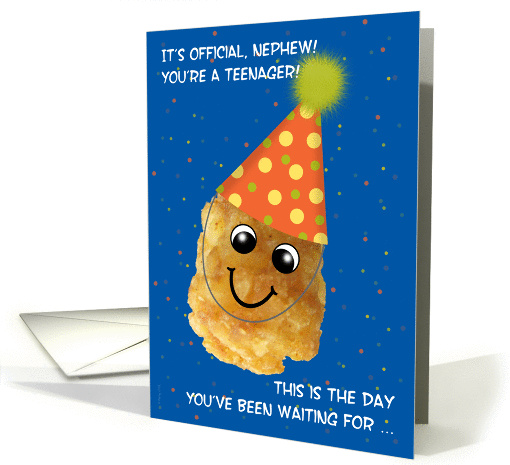 Nephew 13 Happy Birthday Funny Tater Tot in Orange Party Hat card