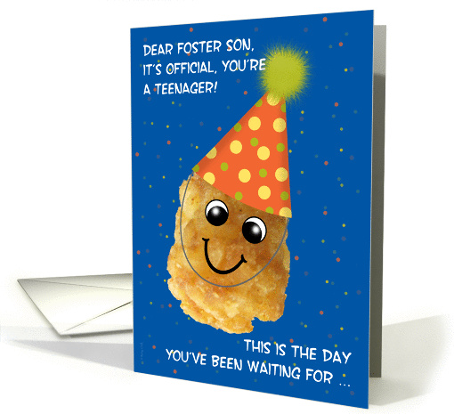 Foster Son 13 Happy Birthday Funny Tater Tot in Party Hat card