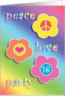 Birthday Party 16 Invitations Peace Love Flowers card