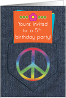 5th Birthday Party Invitation, Peace Sign on Denim Pocket card