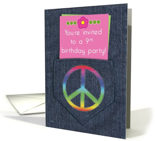 9th Birthday Party Invitation,  Peace Sign on Denim Pocket card