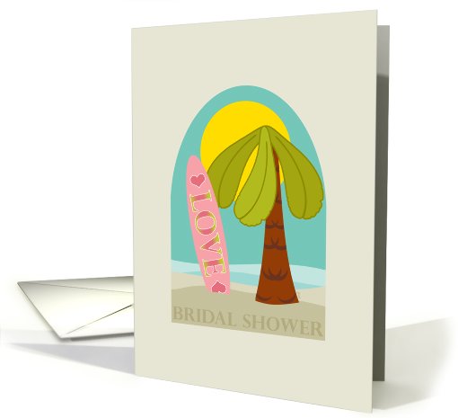 Beach Party Bridal Shower Invitation with Palm Tree and Surfboard card