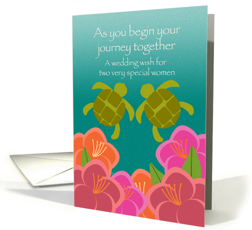 Wedding Congratulations Lesbian Two Honu and Tropical Flowers card