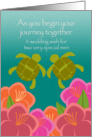 Wedding Congratulations Gay Men Two Honu and Tropical Flowers card