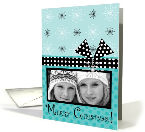 Christmas Photo Card Aqua and Black Retro Syle with Snowflakes card