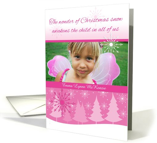 Christmas Photo Card Pink Snow Scene with Trees and Snowflakes card