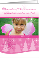 Christmas Photo Card Pink Snow Scene with Trees and Snowflakes card