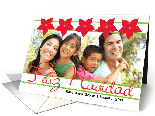 Christmas Spanish Feliz Navidad Photo Card with Red Poinsettias card