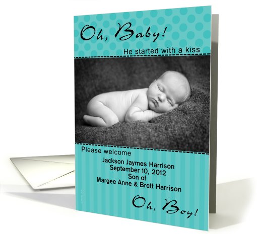 Baby Boy Birth Announcement Photo Card Bright Aqua Dots... (858798)